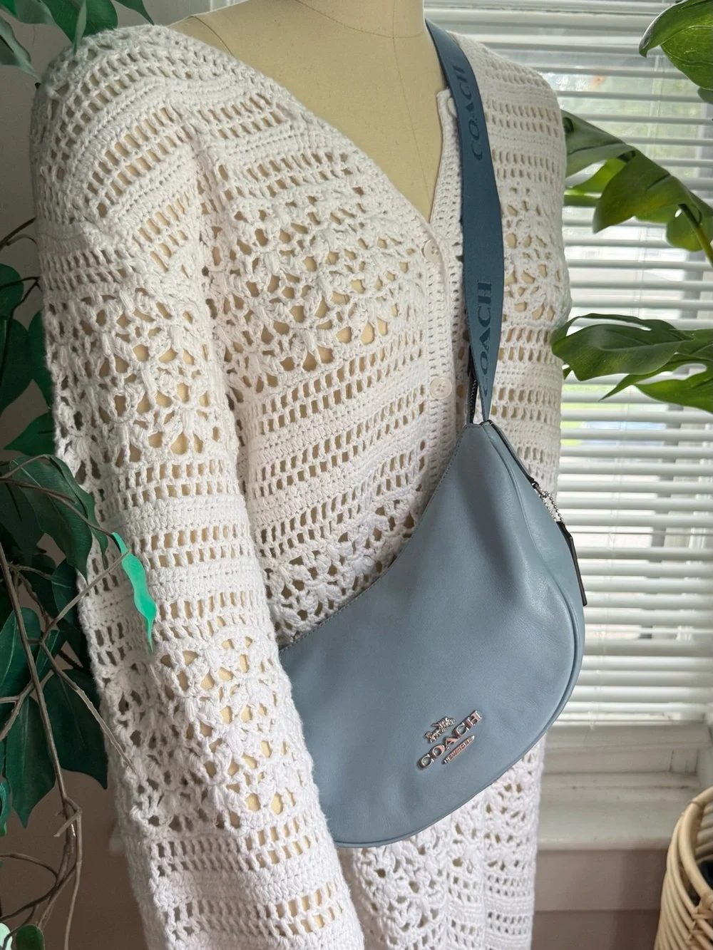 Coach Light Blue Leather Crescent Crossbody with Logo Strap